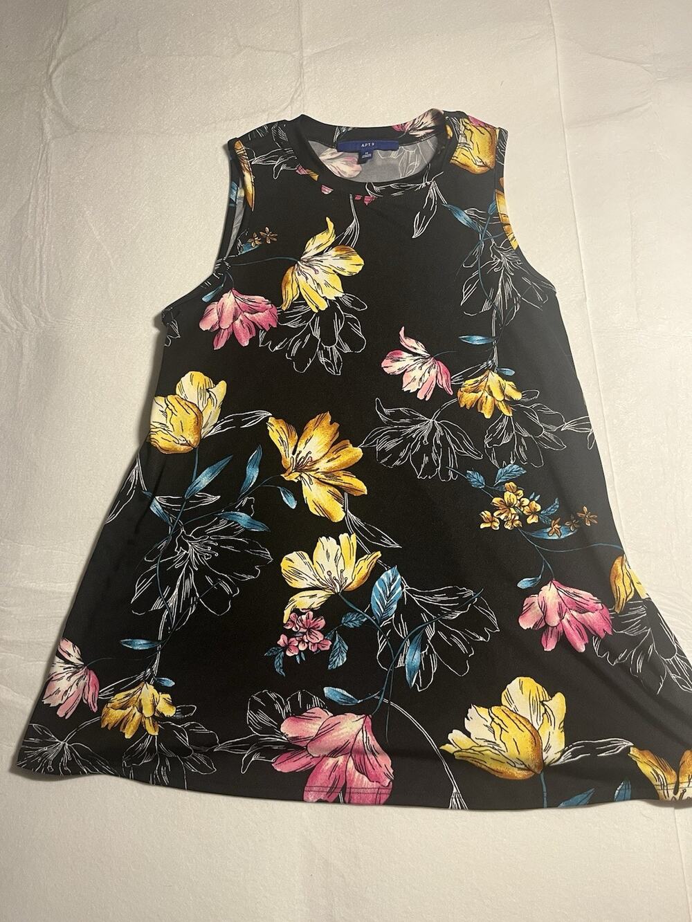 APT. 9 Womens Floral Shift Dress Size M Black Pink Yellow Sleeveless Stretch